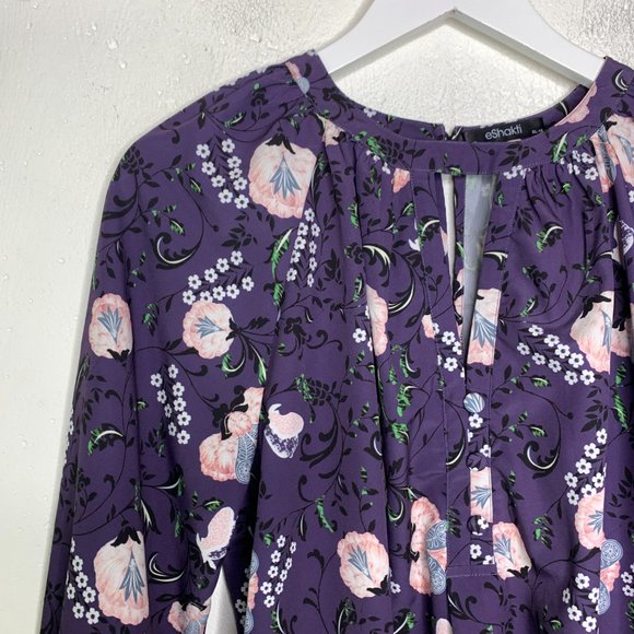 eShakti Floral Keyhole Blouse Top Size XL 16 Purple Crepe Unlined Pullover Boho - Picture 4 of 14
